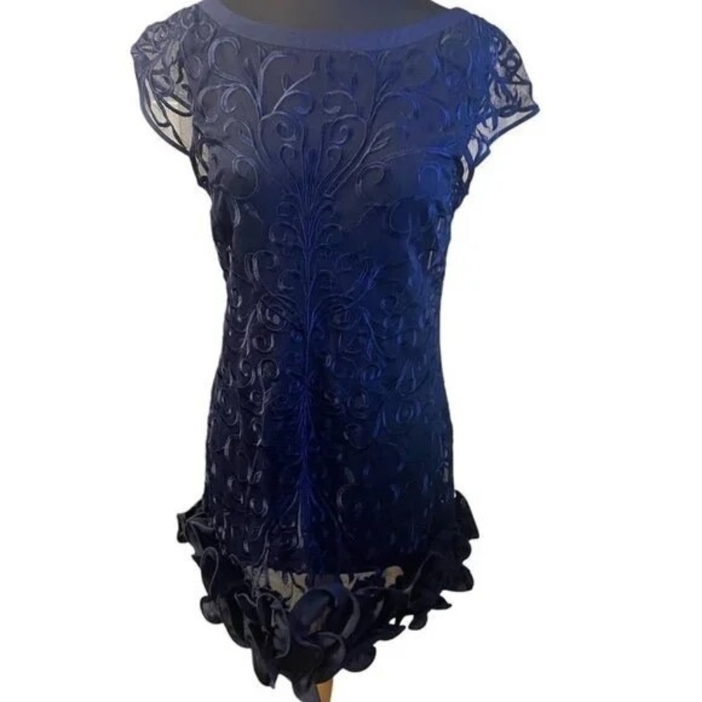 Floral Lace Ruffled Hem Sheath Blue Lace Sheath Dress by Jessica Simpson, Size 6 - Picture 2 of 6